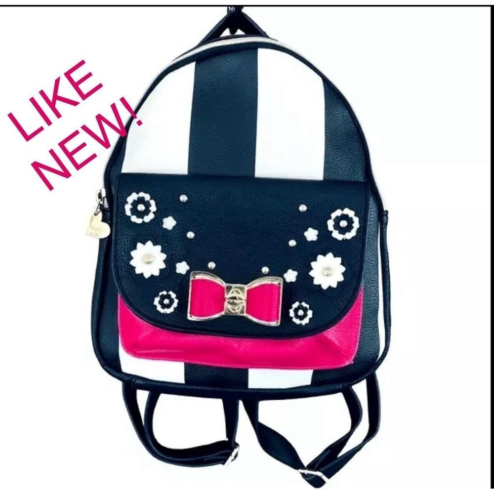 Betsey Johnson Black White Rugby Stripe Hot Pink‎ Floral Purse Backpack VNTG